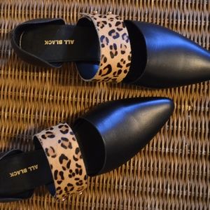 All Black Pointed Flats with Leopard Strap